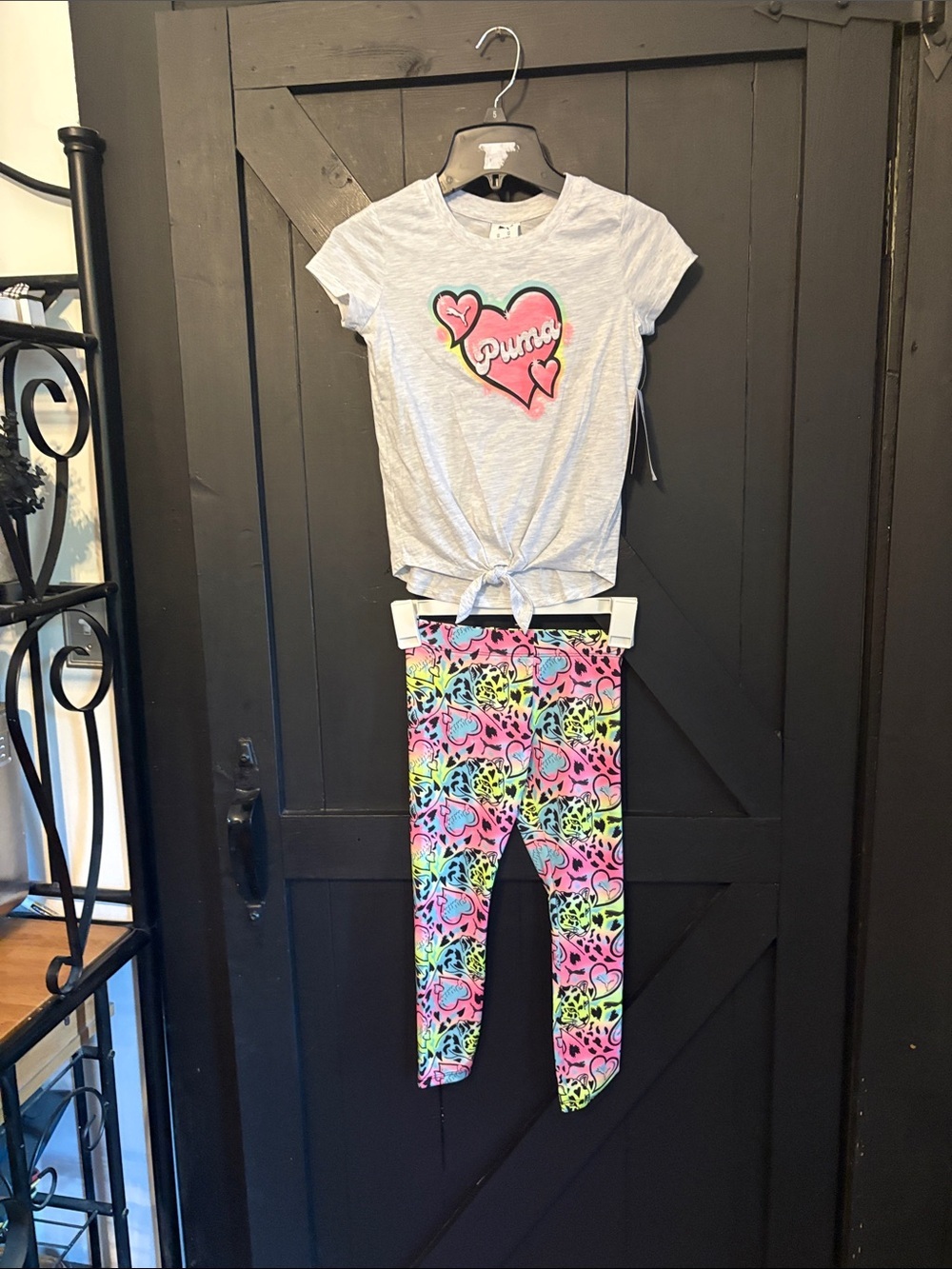 Puma Girls Gray Tee with Neon Heart & Multicolor Neon Leggings - Picture 1 of 5